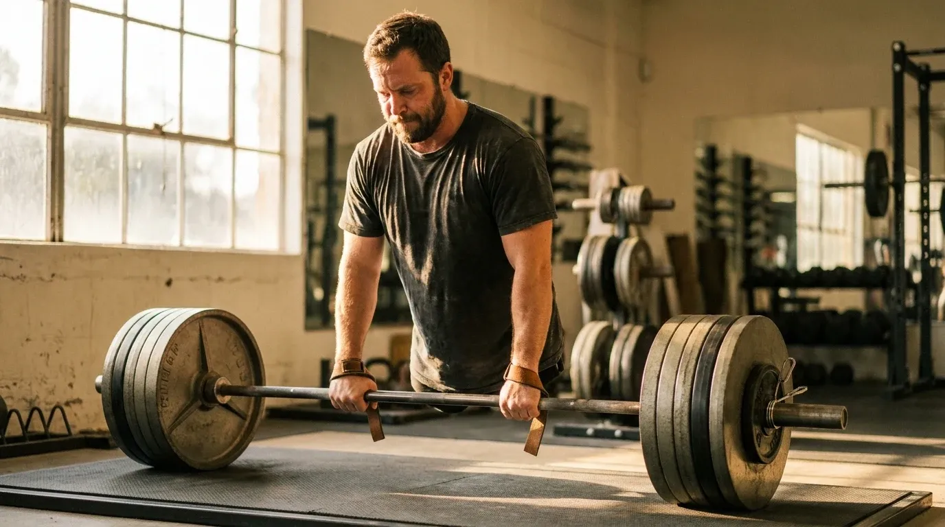 A focused male lifter grips a loaded barbell at the start of a deadlift in warm golden gym lighting.