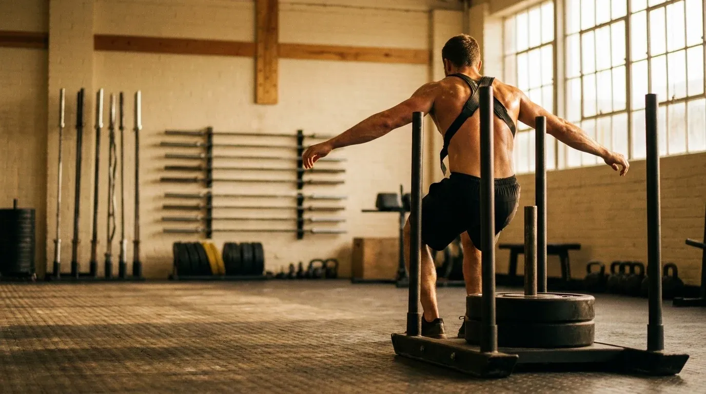 Male athlete pulling a loaded sled with extended arms in a bright gym bathed in warm natural light.