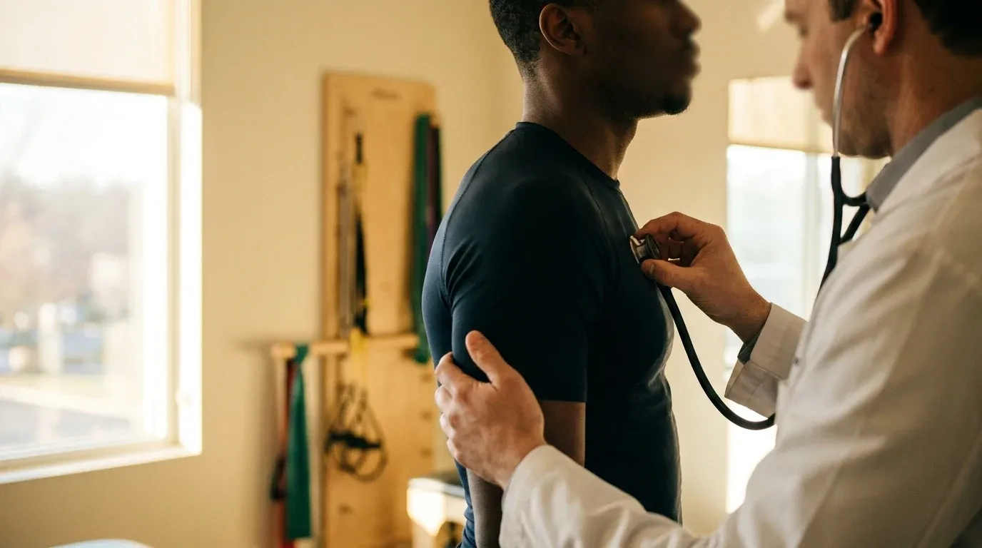 A sports medicine doctor examines an athlete's chest with a stethoscope in a clinical setting.