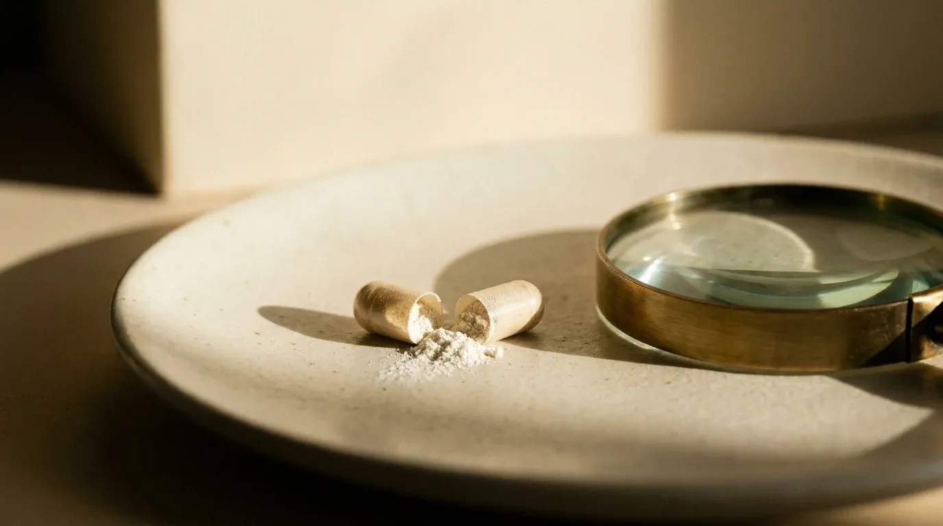 A split supplement capsule with white powder spilling out, examined through a magnifying lens under soft light.