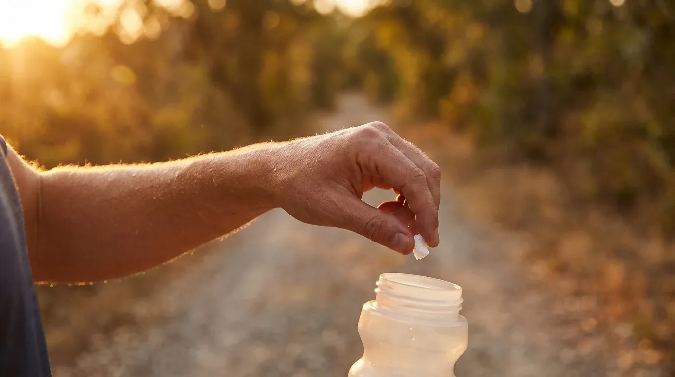 Runner's hand dropping a salt tablet into a water bottle during an outdoor run at golden hour.