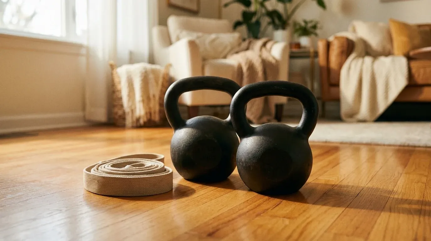 Cast iron kettlebells and a coiled resistance band on warm hardwood flooring in natural light.