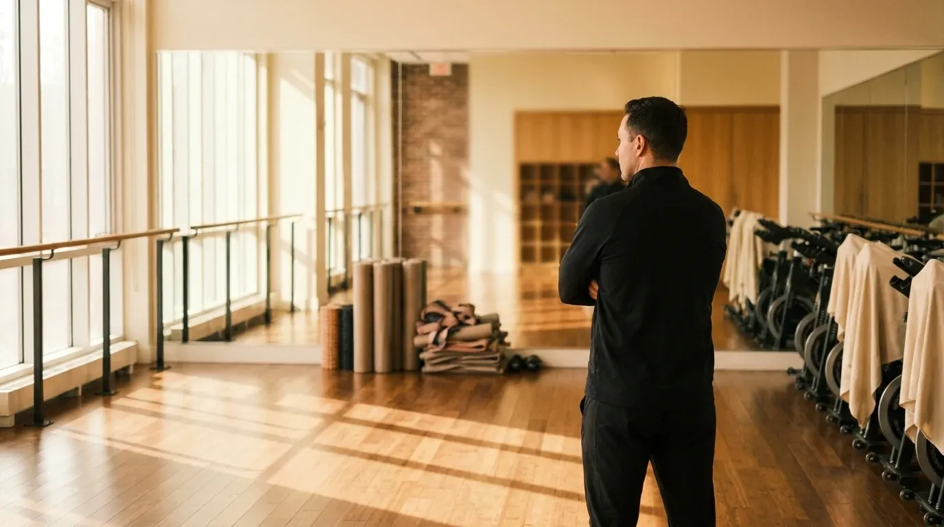 A solitary coach gazes across an empty boutique fitness studio at dawn, equipment stacked against mirrored walls.
