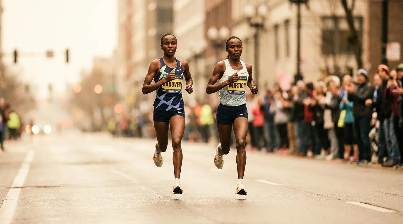 Two elite female runners side by side mid-stride during a city marathon in soft morning light.