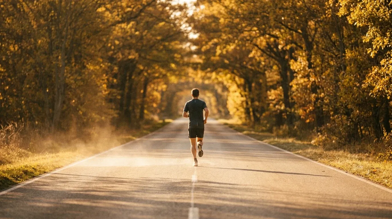 A lone runner transitions from sun-bleached summer road to golden autumn trees ahead.