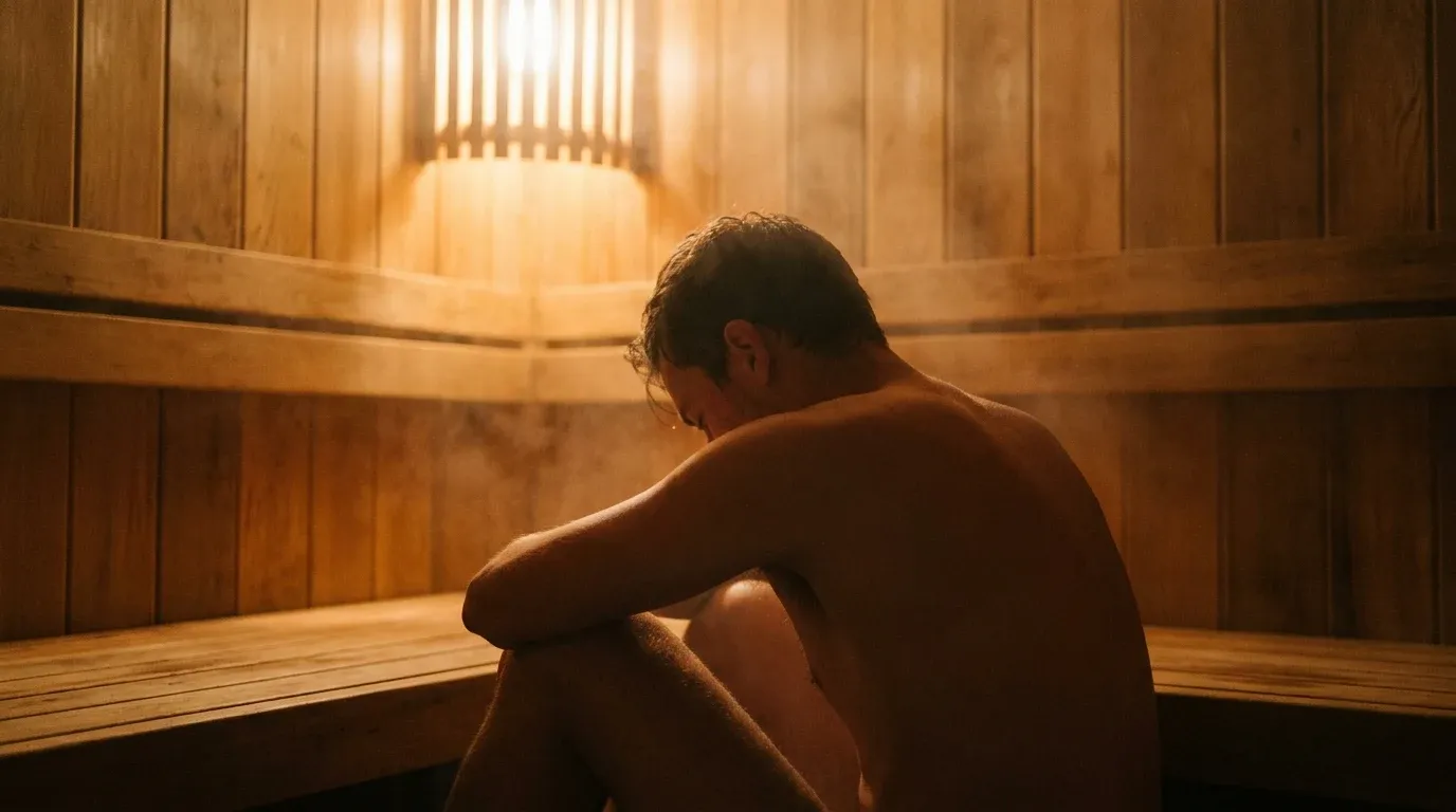 Person seated on a wooden sauna bench with relaxed shoulders, bathed in warm golden ambient light.