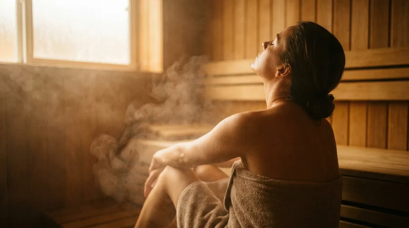 Person seated alone in a wooden sauna with head tilted back, eyes closed, surrounded by soft steam and golden light.