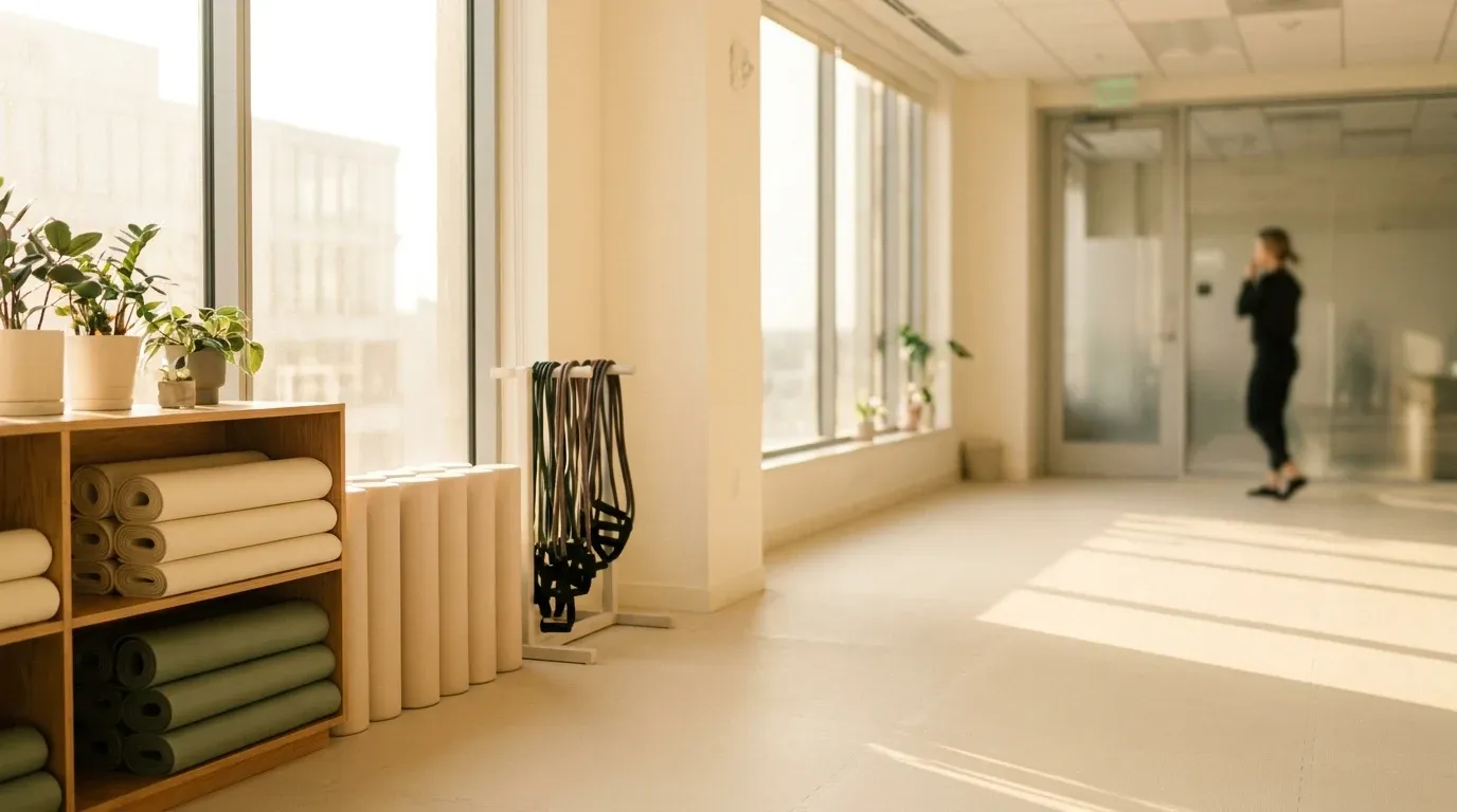 Empty wellness room with stacked yoga mats and unused equipment, single employee visible in distant background.