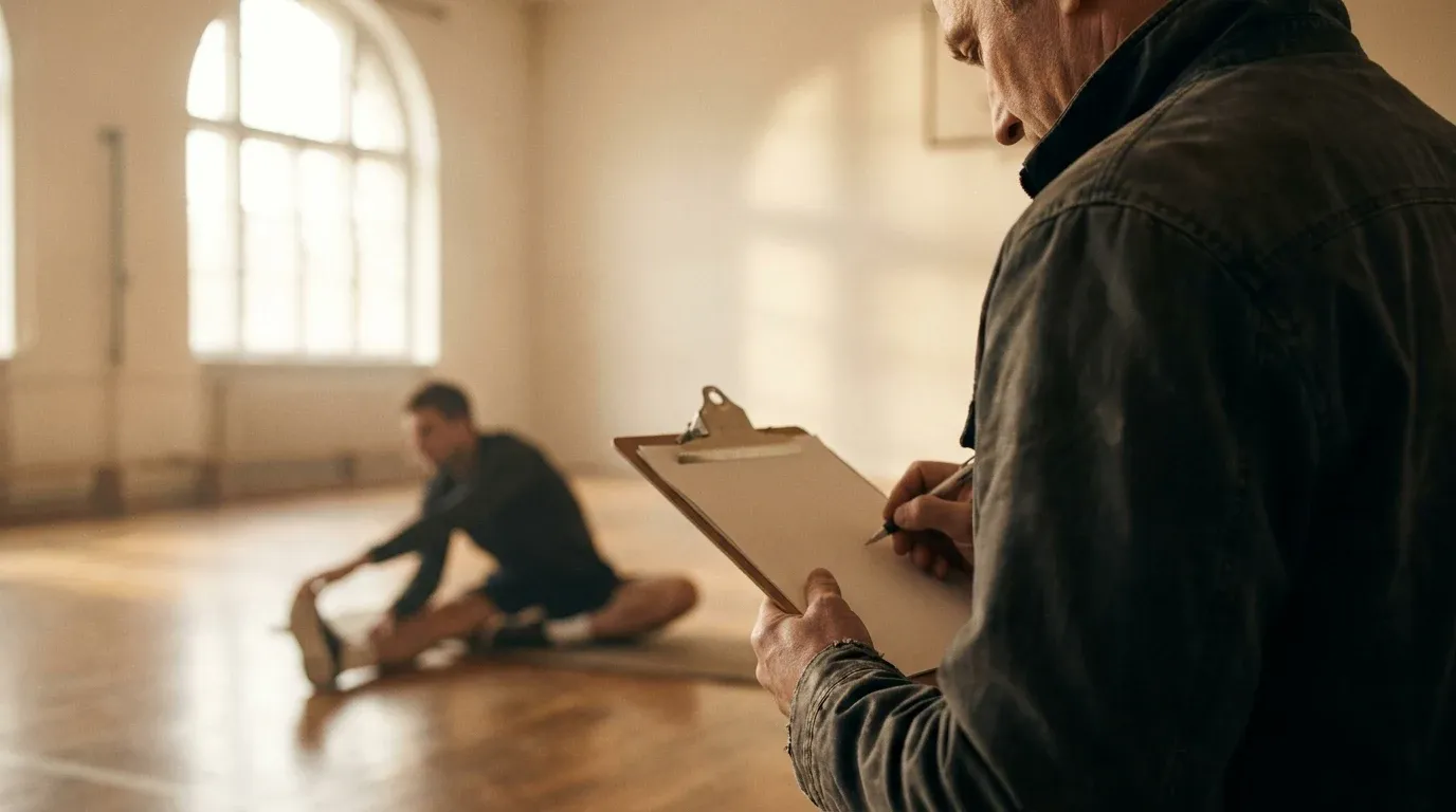 A coach takes notes on a clipboard while an athlete stretches in the background under warm natural gym lighting.