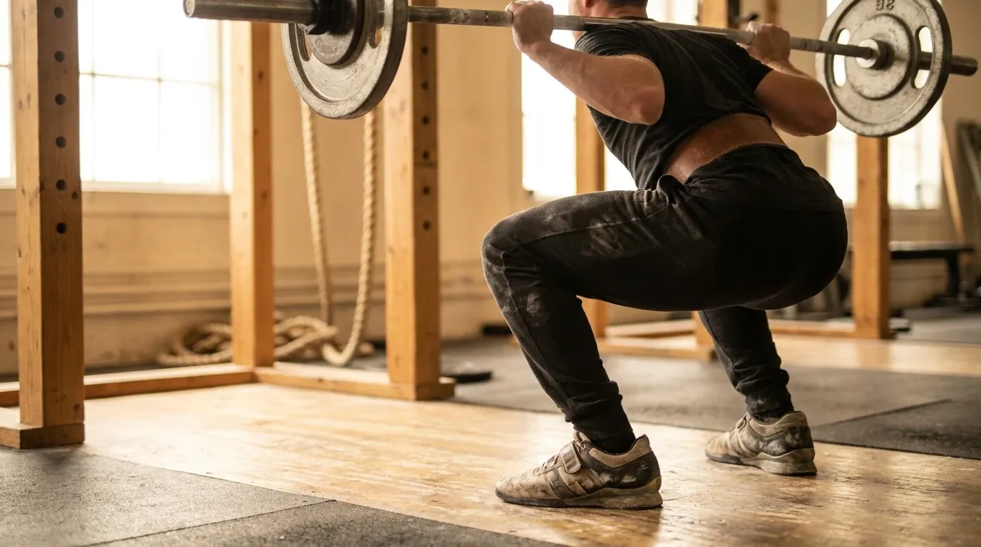 Close-up of a lifter at the bottom of a back squat, knees wide, chalky hands gripping the loaded bar.