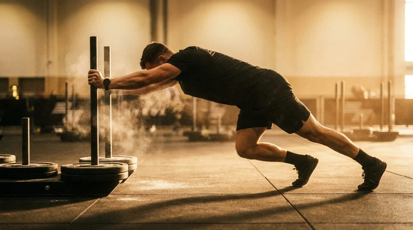 HYROX athlete at maximum effort pushing a competition sled low to the ground in golden competition hall light.