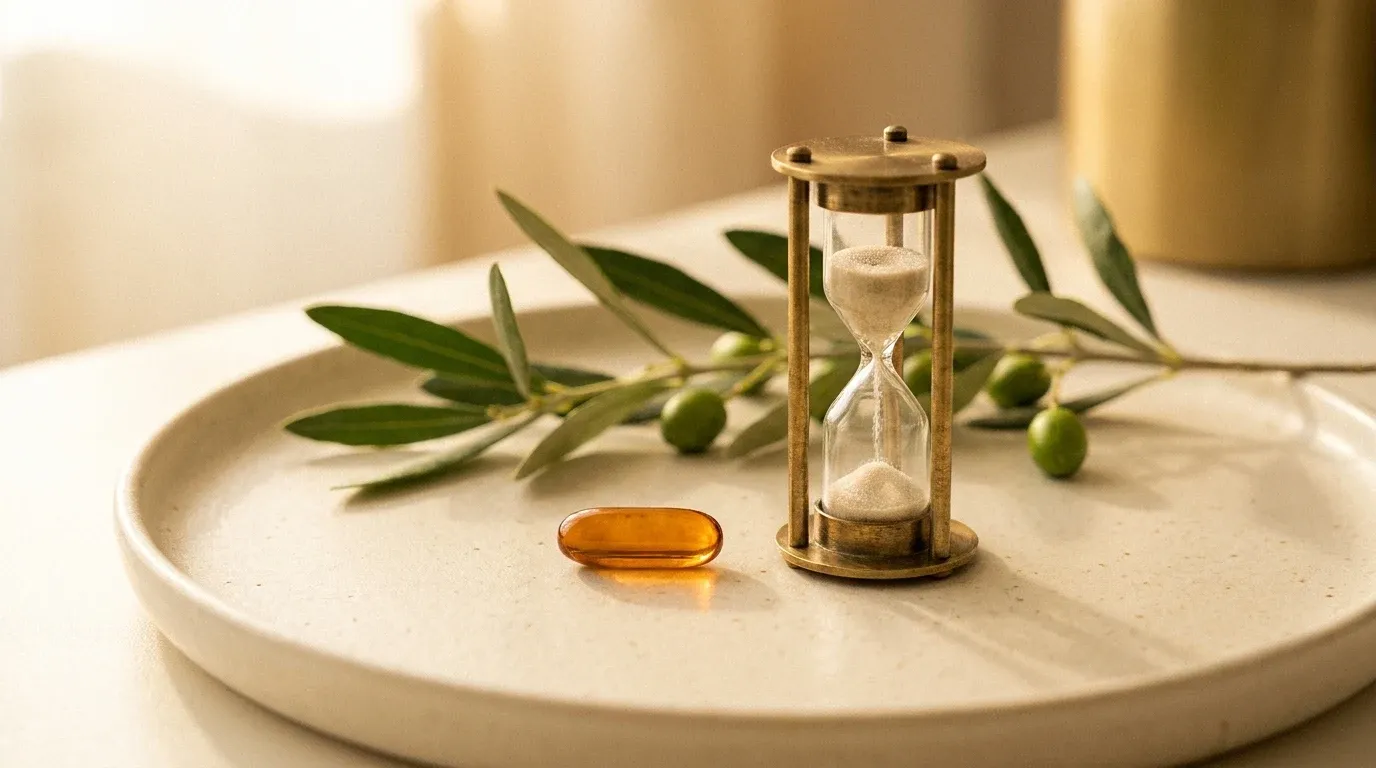 Translucent amber capsule and brass hourglass with olive branch on warm cream surface.