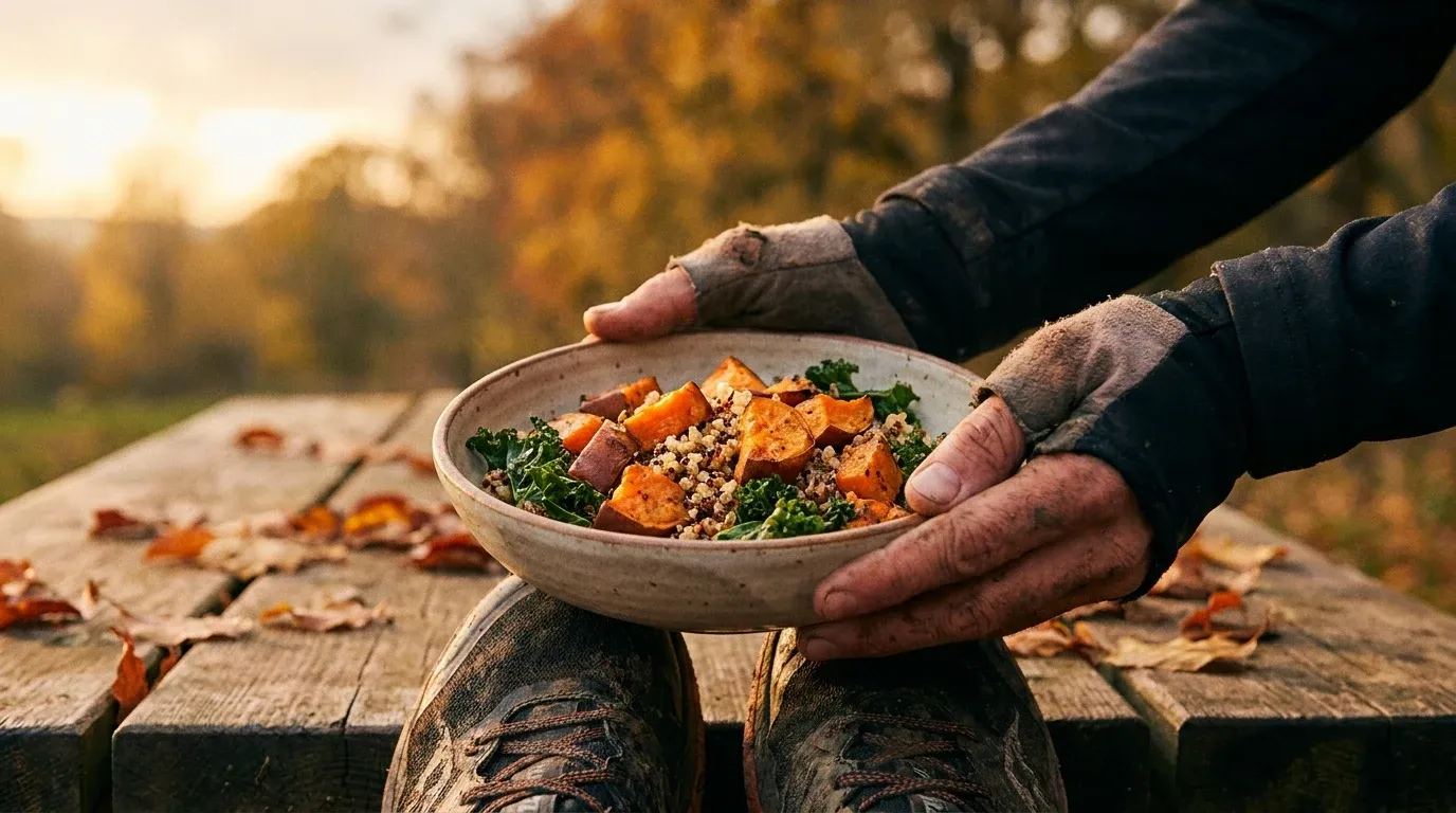Runner's hands holding a bowl of roasted vegetables and grains at an autumn picnic table.