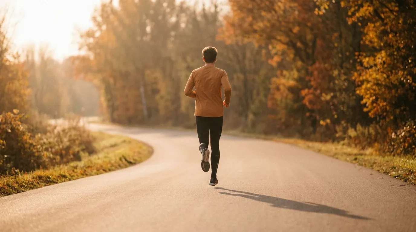A runner captured mid-stride from behind on a sunlit autumn road in golden-hour light.
