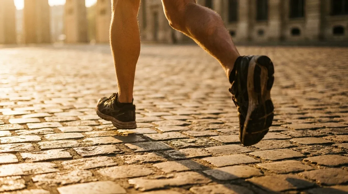 Runner's legs mid-stride on golden Parisian cobblestones in warm golden-hour light.