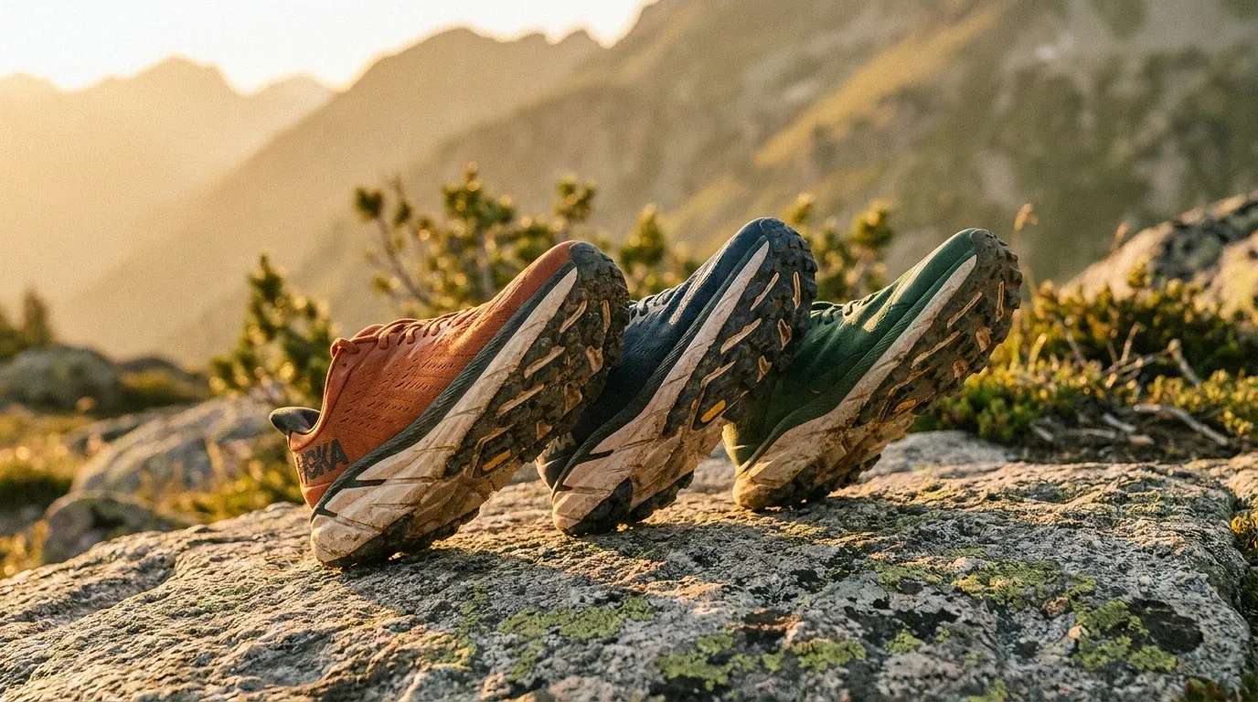 Three colorful trail shoes arranged on alpine granite in golden-hour light, with aggressive lugged soles facing forward.