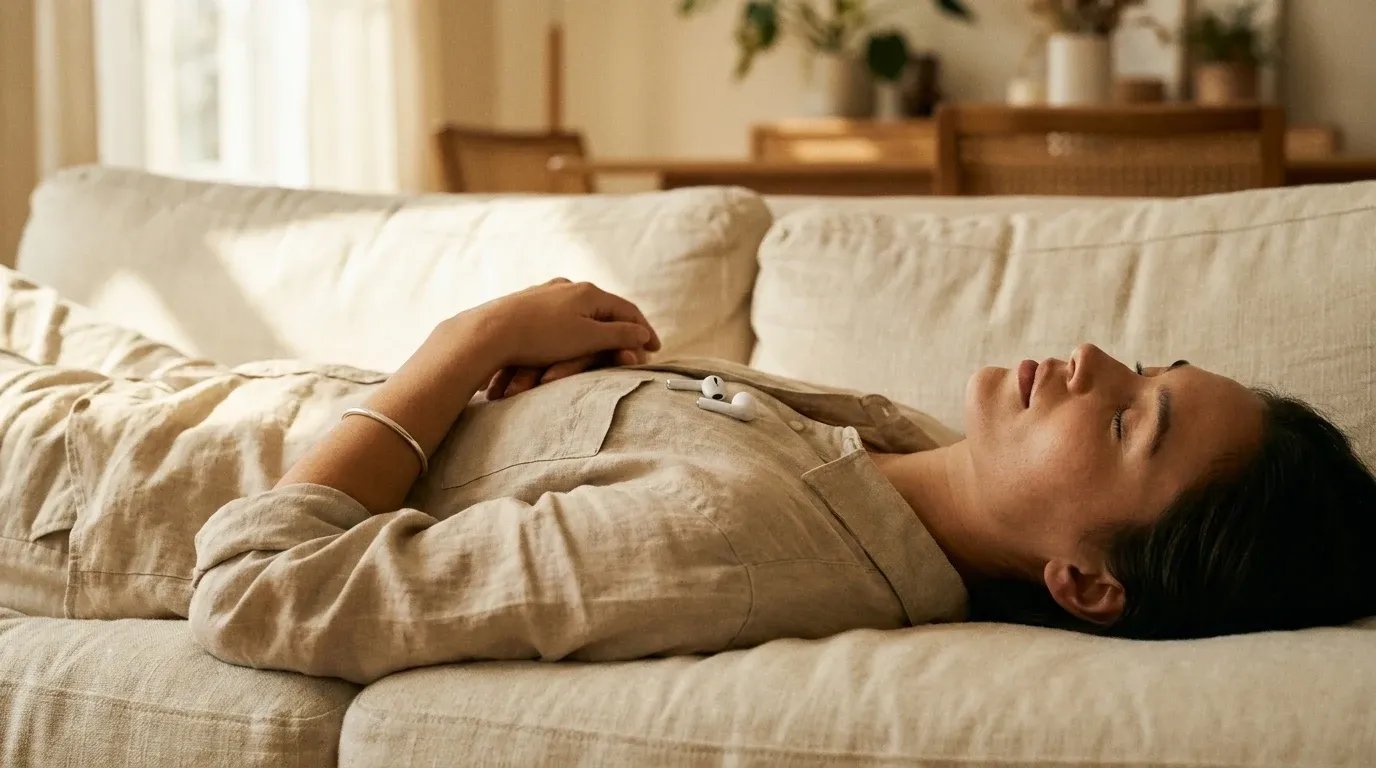 Person lying peacefully on a couch wearing earbuds, bathed in warm morning light.
