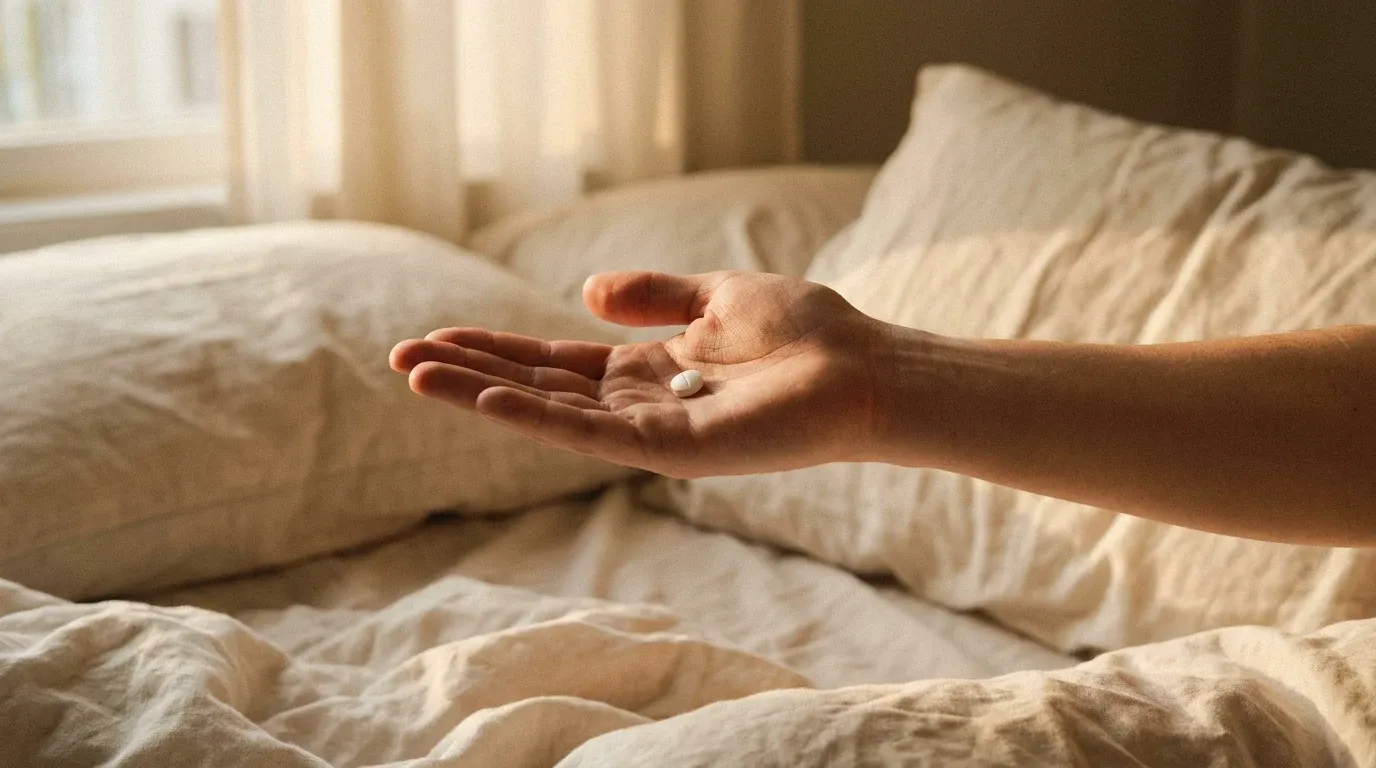 A white pill rests in an open palm on cream linen bedding in soft morning light.