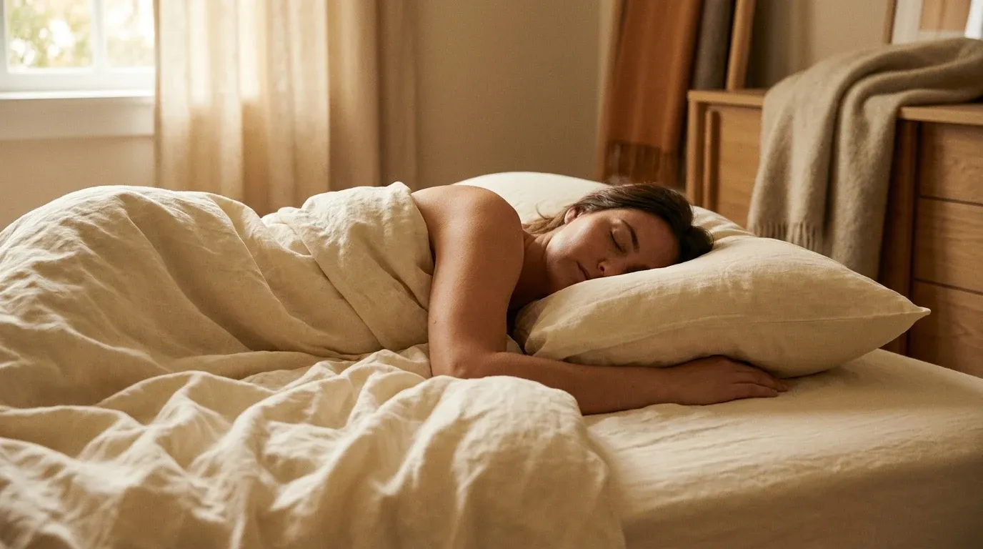 A person sleeping peacefully on their side in rumpled warm linen sheets, bathed in soft morning light.
