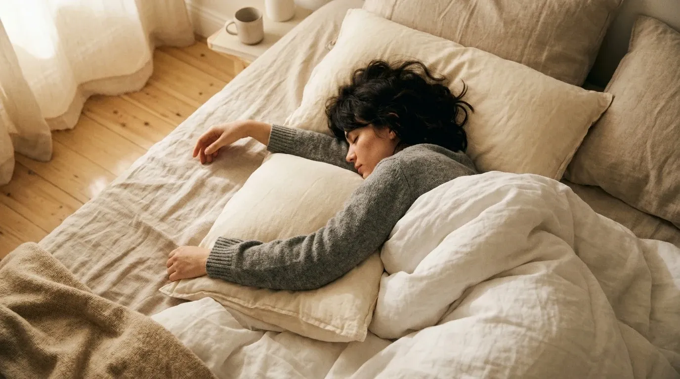 Person sleeping peacefully on their side in warm morning light, face away, arm relaxed on rumpled linen sheets.
