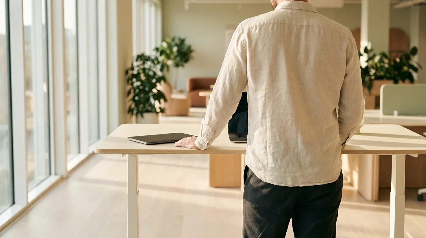 Person standing at a desk in a bright office with large windows and soft natural light.