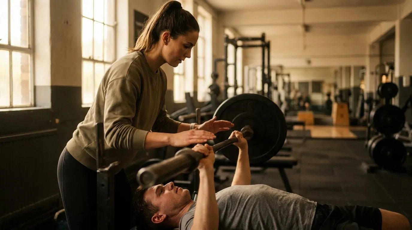 A personal trainer spots a client performing a barbell bench press with attentive hands positioned for safety.