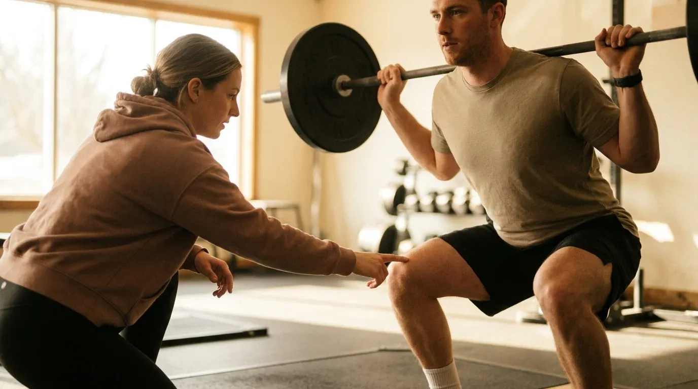 A coach gently corrects a beginner lifter's knee alignment during a squat in a naturally lit gym.