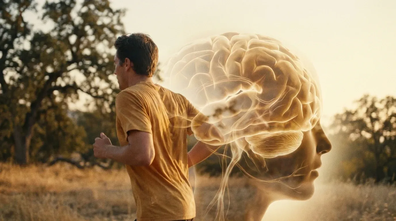 A runner mid-stride blends into a glowing brain silhouette with luminous neural pathways in warm golden tones.