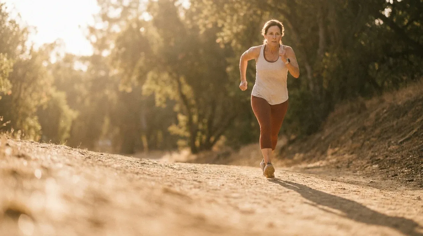Woman in her 50s power-walking uphill on a sunlit trail with purposeful stride and arm drive.