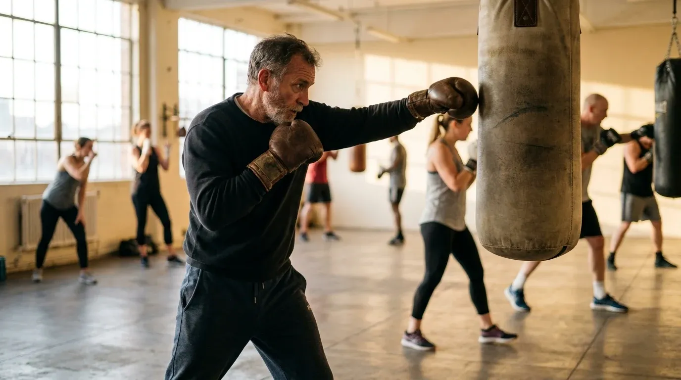 A man in his late 50s throws a focused jab at a heavy bag during a boxing class, lit by warm natural light.