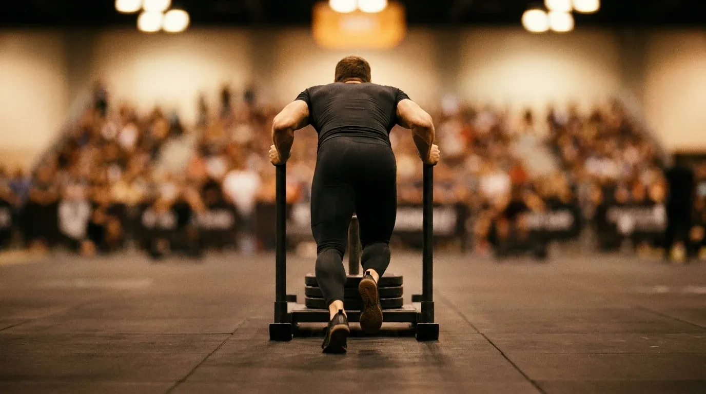Athlete driving a competition sled across gym flooring, captured from behind in a packed competition hall.