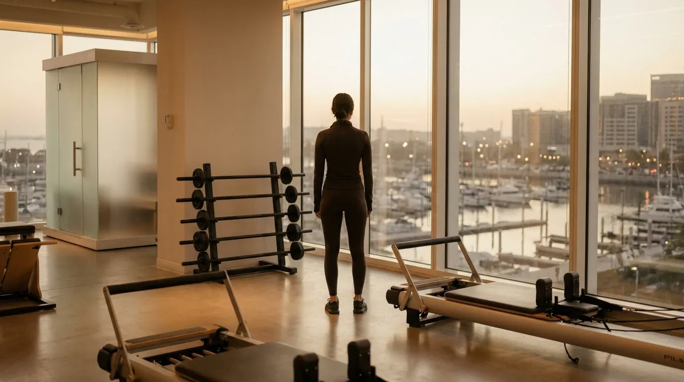 Person silhouetted against floor-to-ceiling windows in a luxury gym overlooking a marina at golden hour.