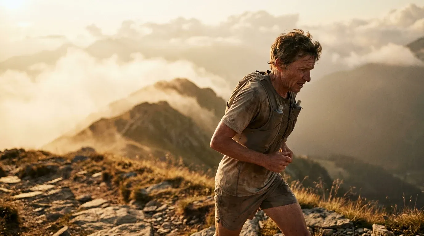 Trail runner in exhausted stride on rocky alpine path, face showing determination in golden light.