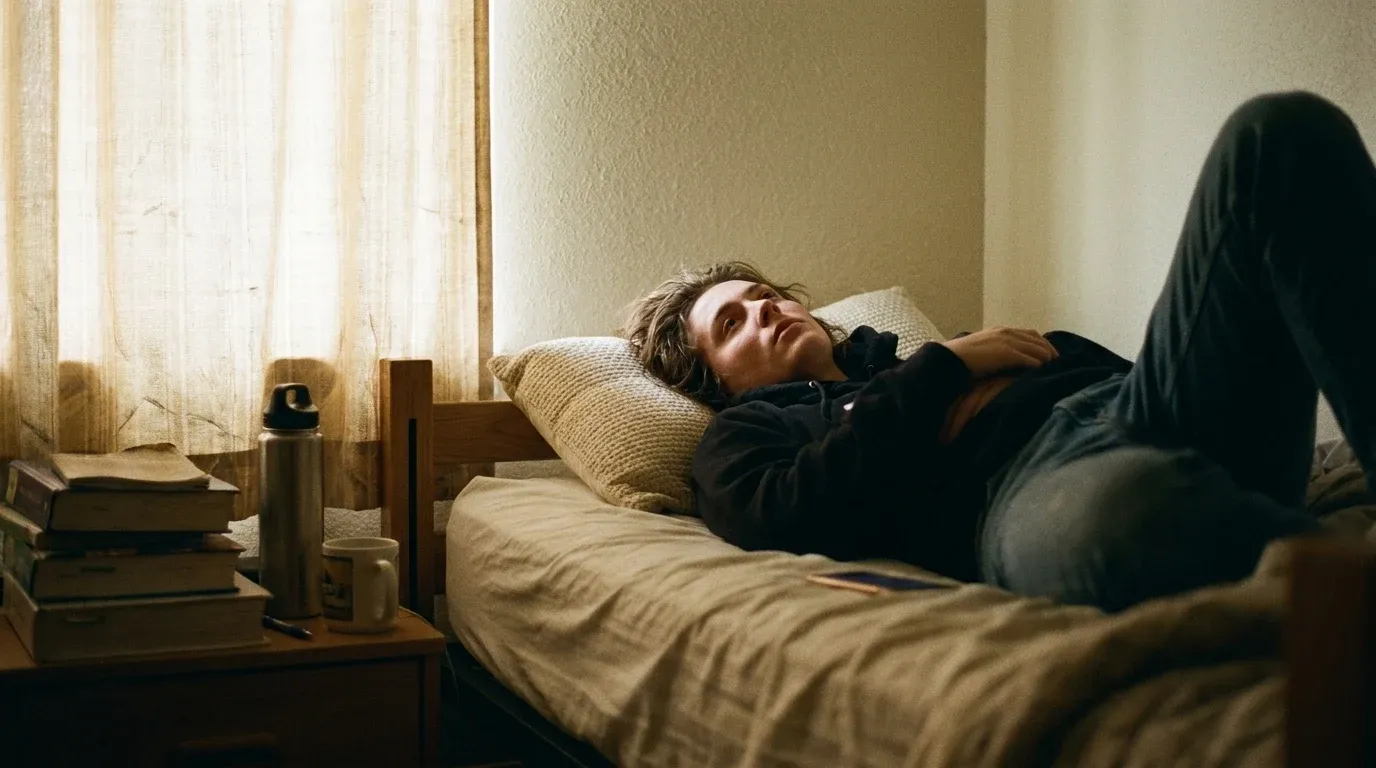 College student lying awake in dorm bed at night, staring at ceiling with phone light casting glow.