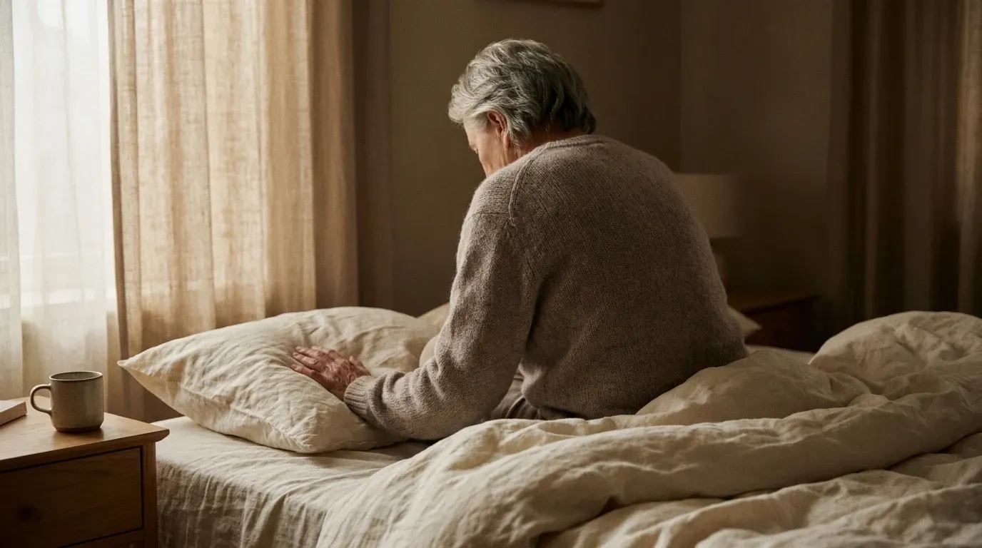 Person over 50 sitting on edge of unmade bed at dawn, shoulders slumped, suggesting a restless night of sleep.