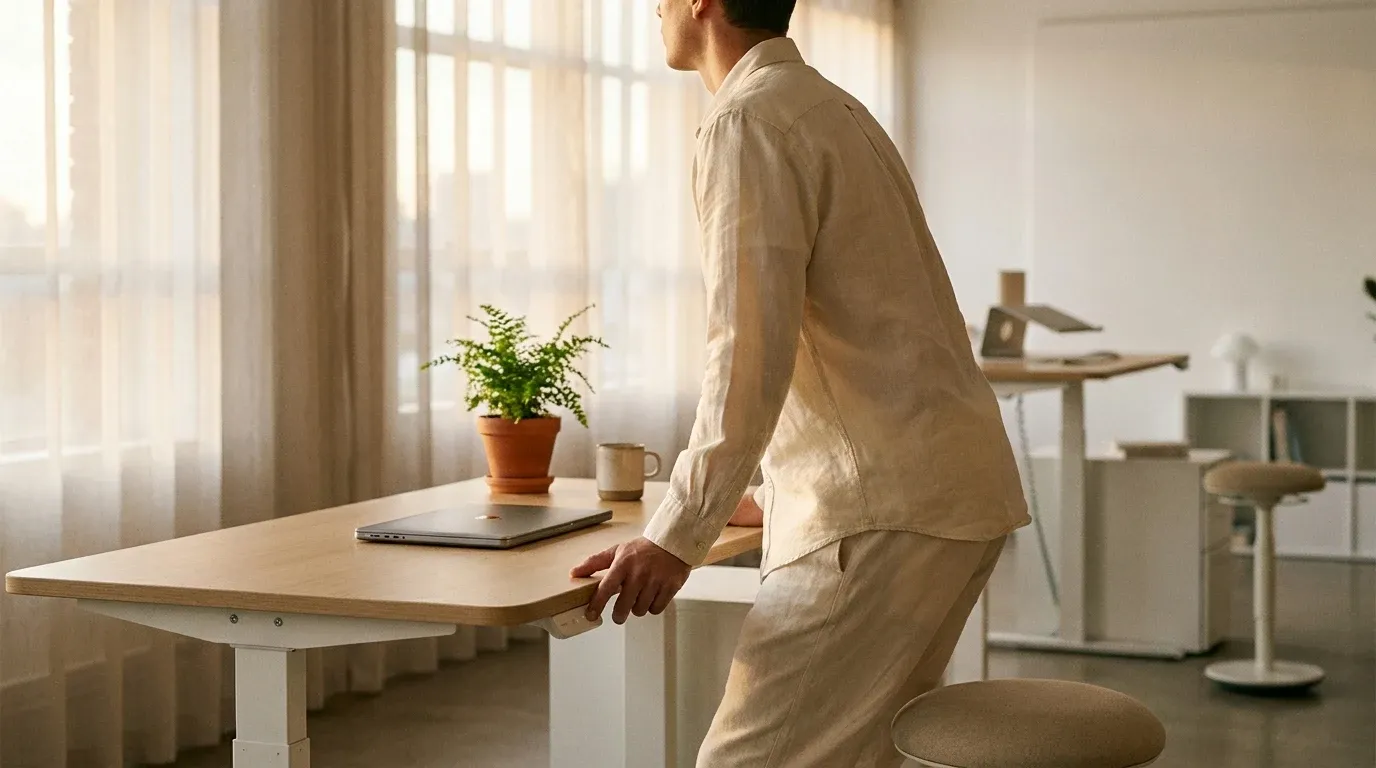 A person rises from a height-adjustable desk in a bright, minimalist office workspace.