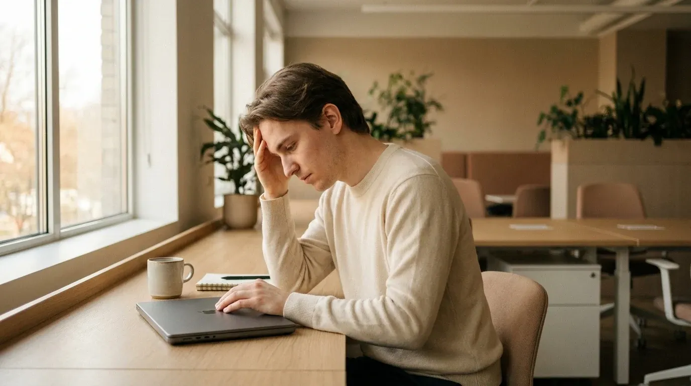 Person sitting alone at a modern office desk with hand to temple, showing signs of workplace stress.
