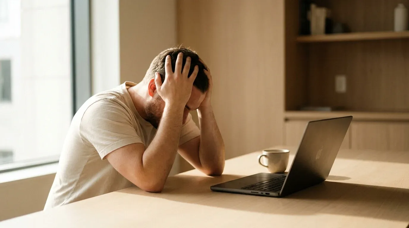 Exhausted person with head in hands at modern office desk, untouched coffee cup nearby.