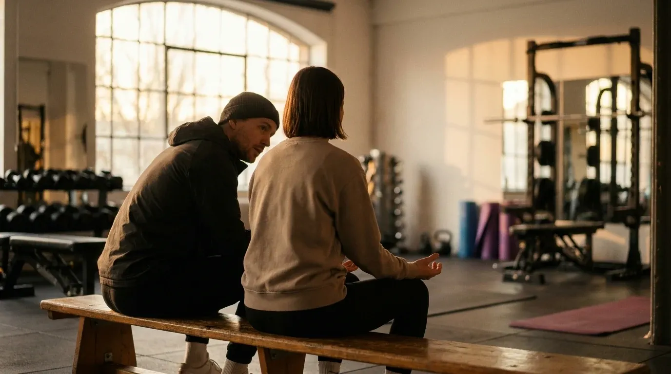A coach and client sitting together on a gym bench in quiet conversation, bathed in warm natural golden light.