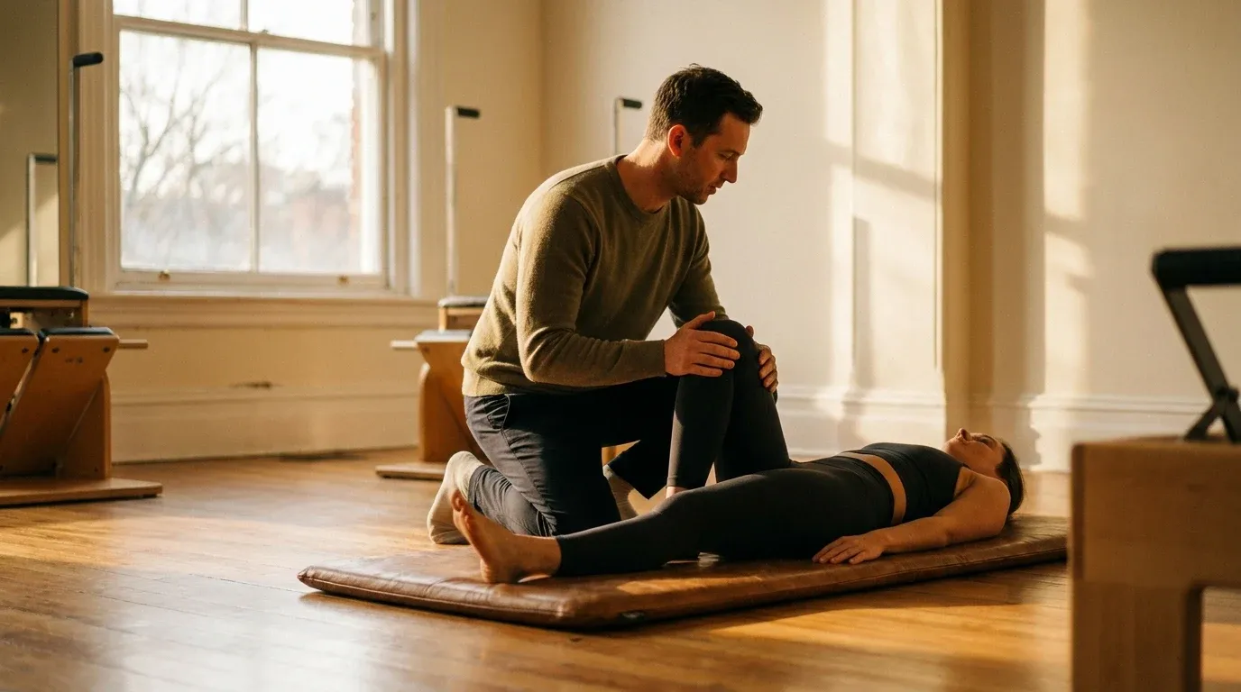 Coach passively guiding a client's leg while client actively lifts the opposite leg on a gym mat.