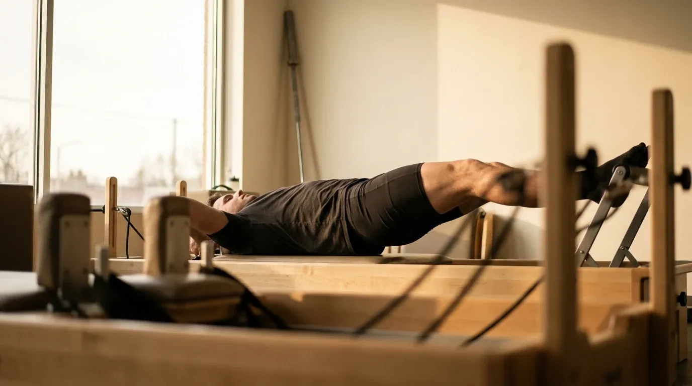 A male lifter performs a controlled Pilates exercise on a reformer in warm golden morning light.