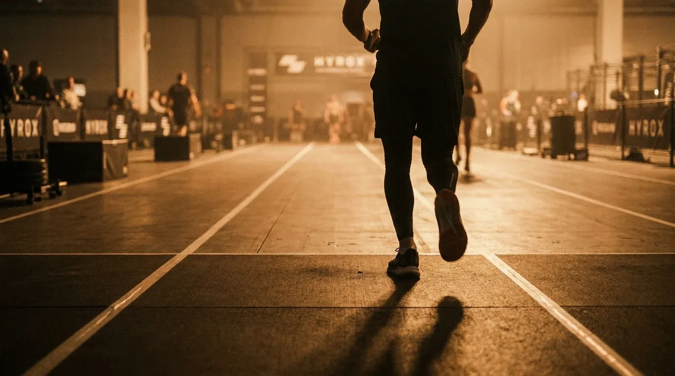 Competitive athlete sprinting during a HYROX race, shot from dramatic ultra-low angle in warm golden competition light.