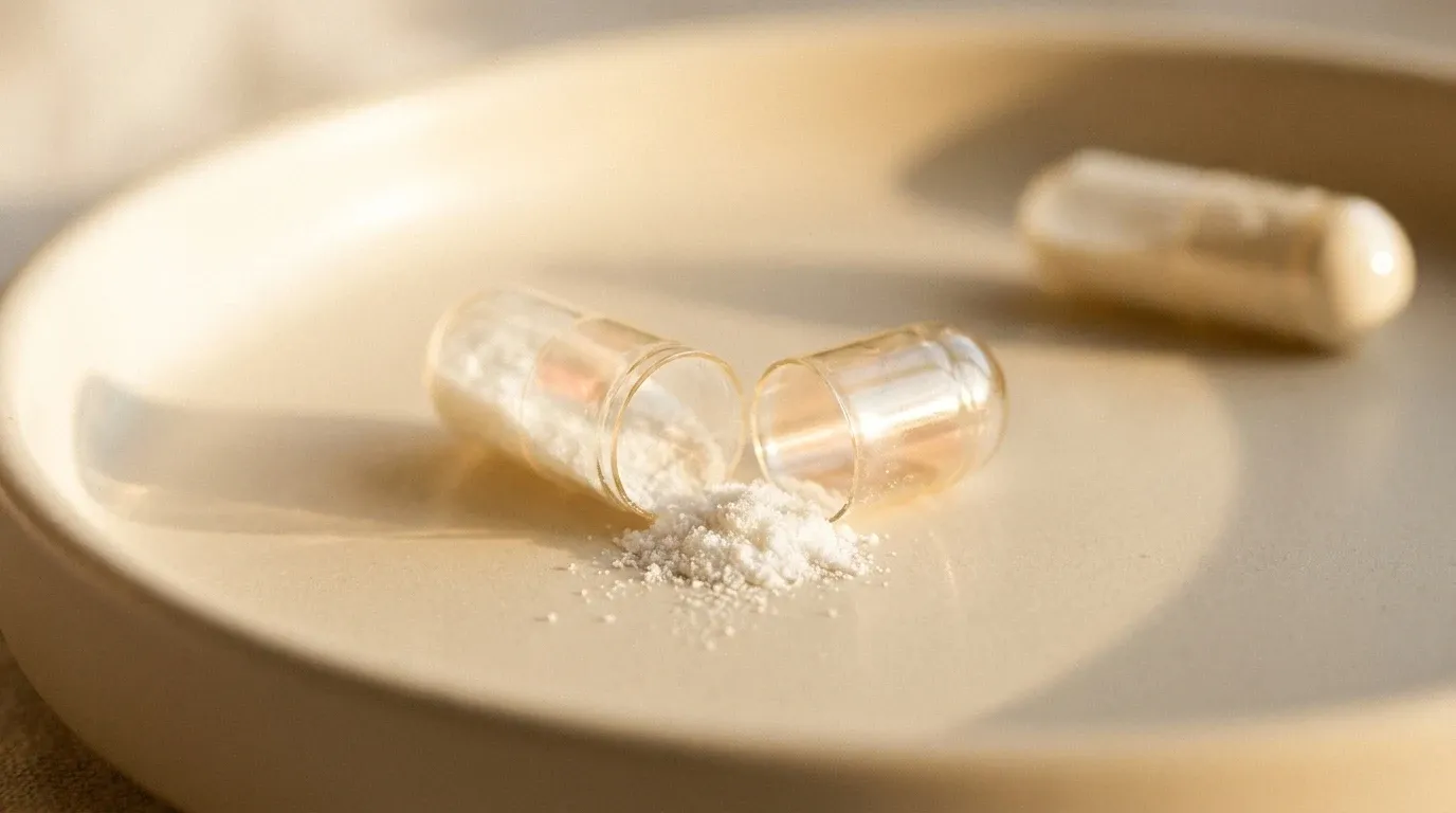 An open transparent capsule spilling white crystalline powder onto a warm cream surface.
