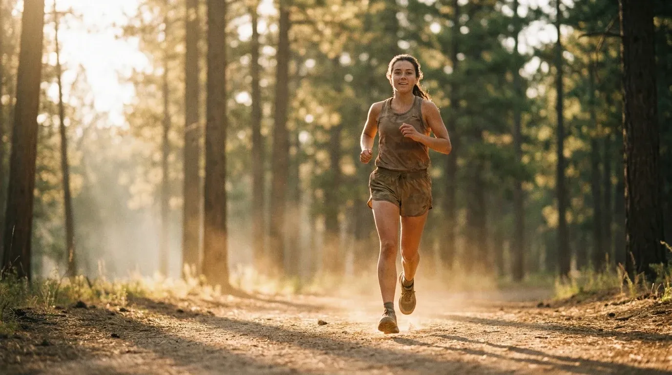 Young woman trail running through a sunlit pine forest, dust rising from her shoes in warm golden morning light.