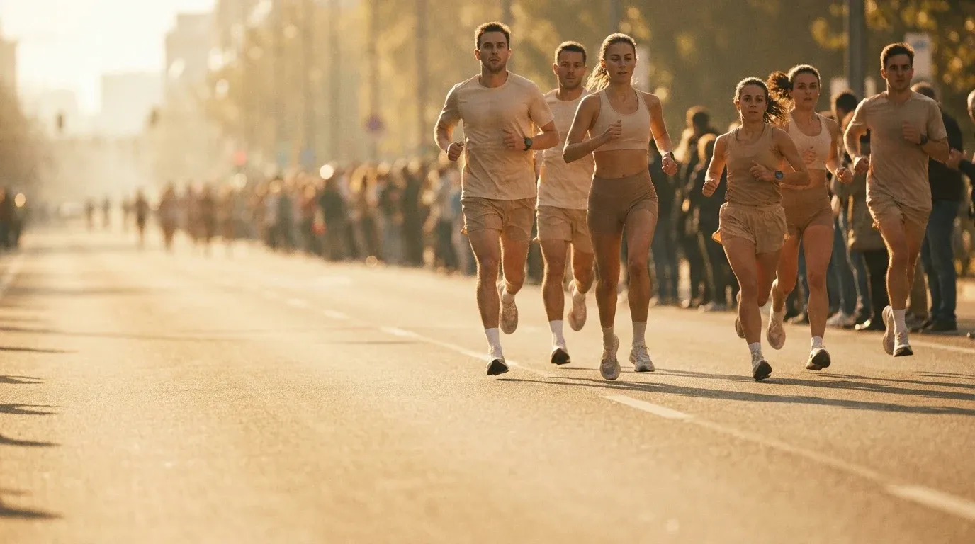 Five runners surge through a sun-drenched urban marathon course in golden morning light.