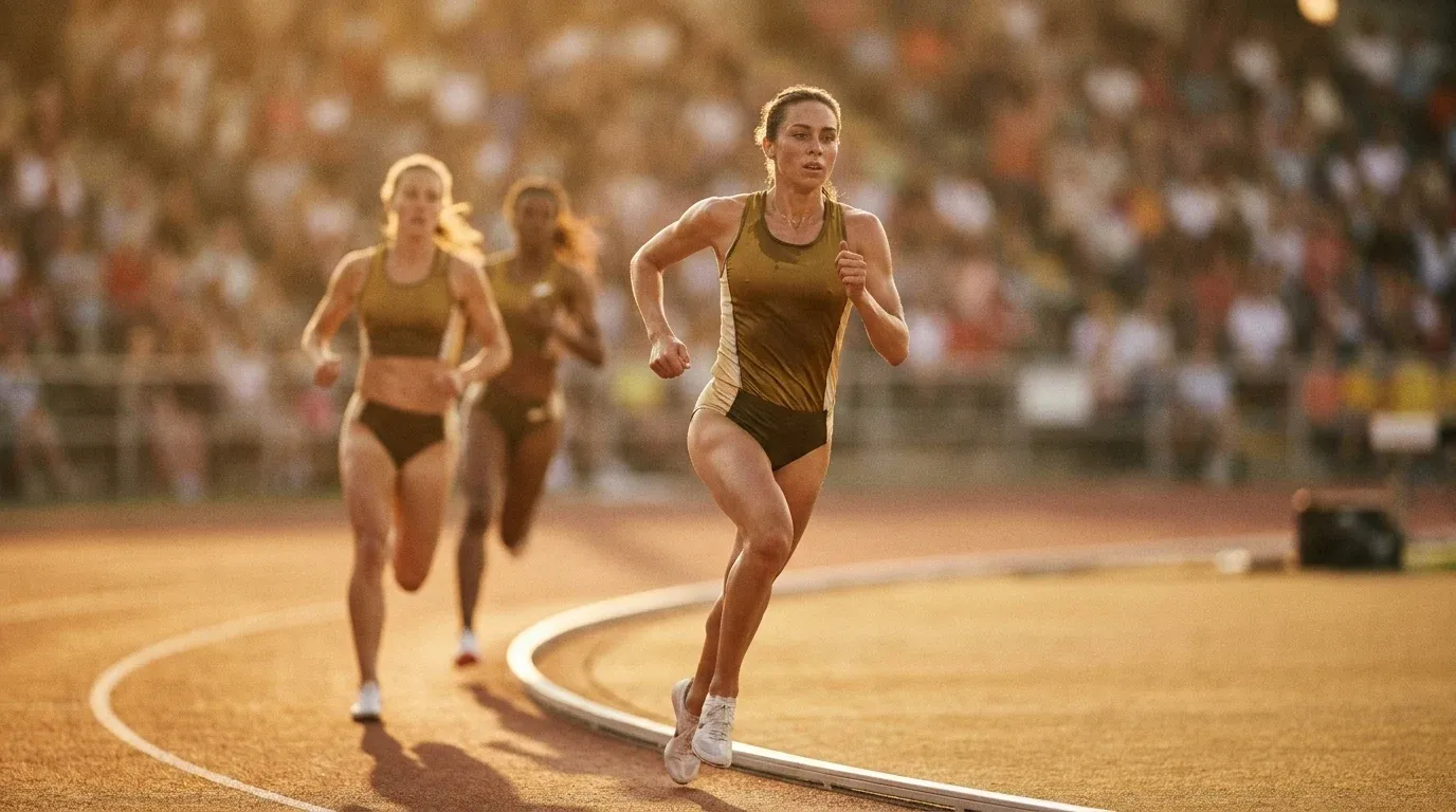 Three elite female runners battle fiercely around a tight bend in the final 200m of an 800m race.