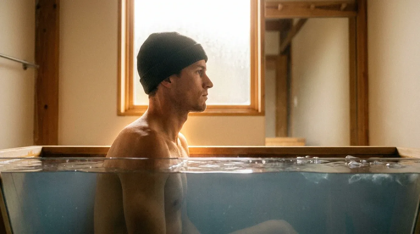 Athlete sits focused in cold plunge tub, shoulders squared, with warm golden light rimming his silhouette against cool water.