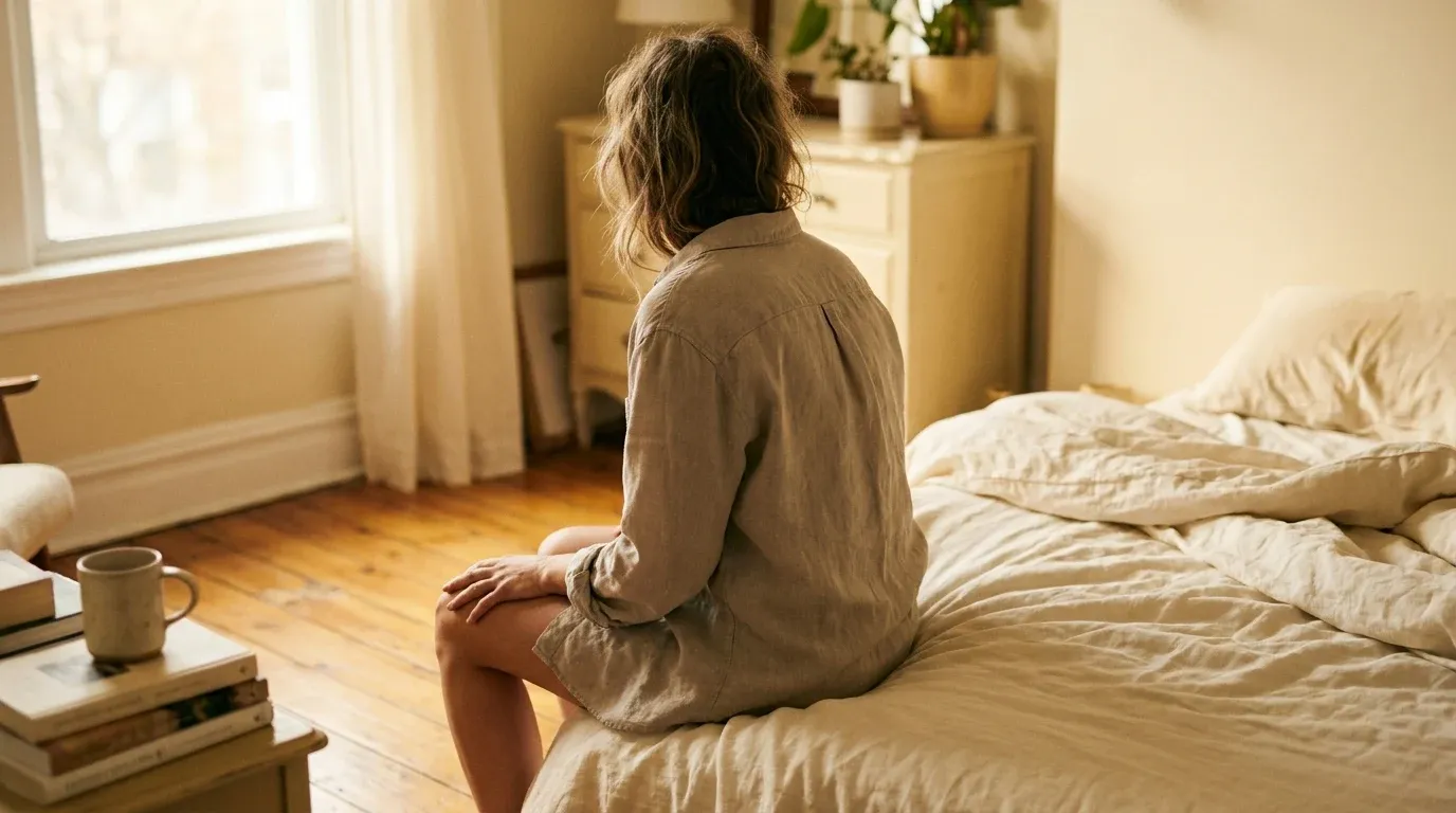 Person sitting at edge of unmade bed in soft morning light, pausing in a moment of quiet self-reflection.