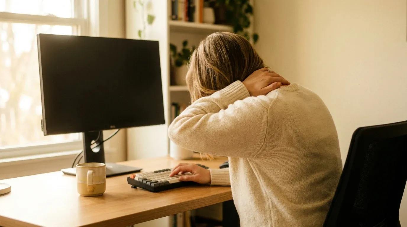 Person seated at desk with rounded shoulders leaning forward, demonstrating poor ergonomic posture.