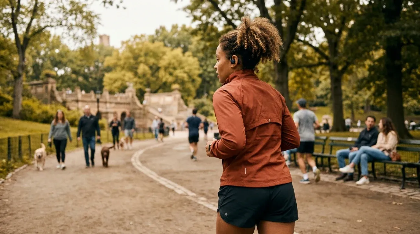 A runner in motion through a crowded urban park, wearing wireless earbuds, surrounded by blurred pedestrians.